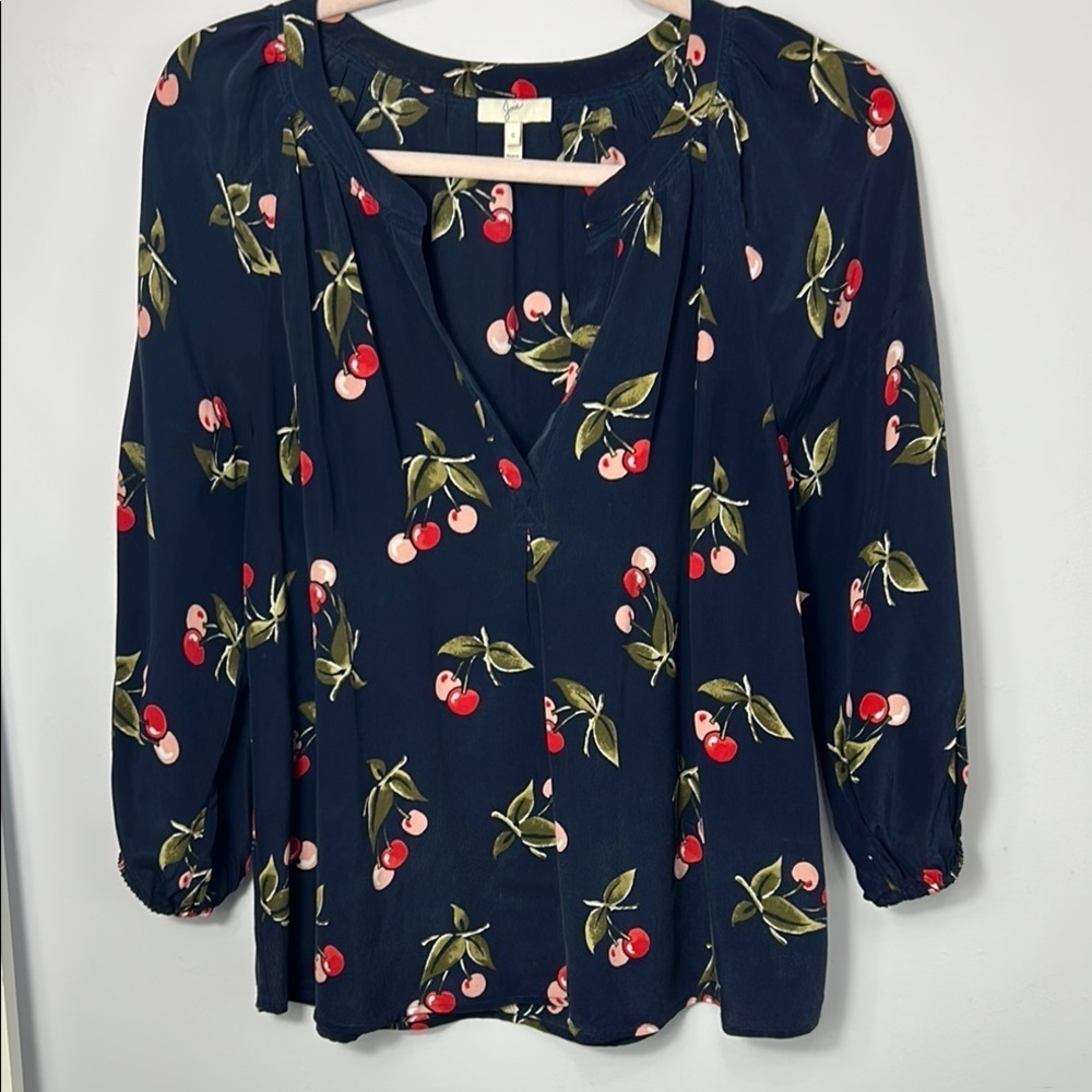 Joie Silk Blouse Dark Blue Cherry Pattern
